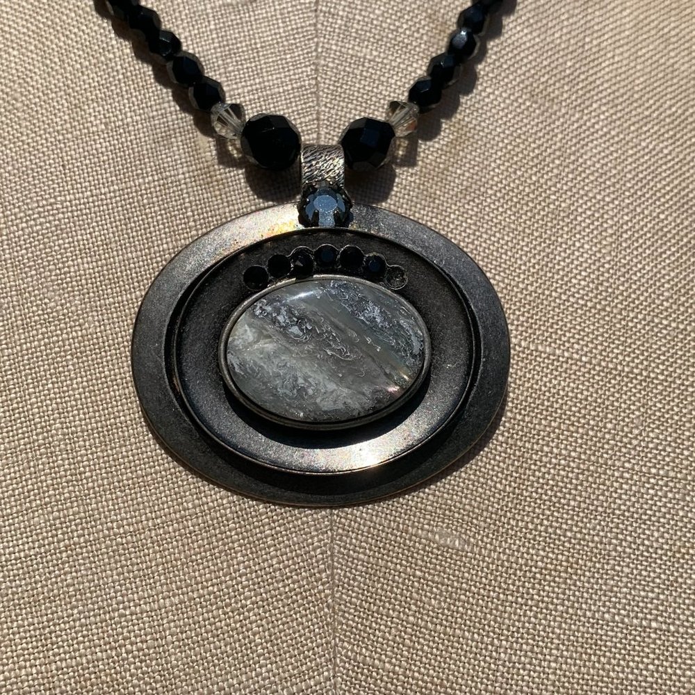 Burnished Pendant on Black Jet Beads Necklace